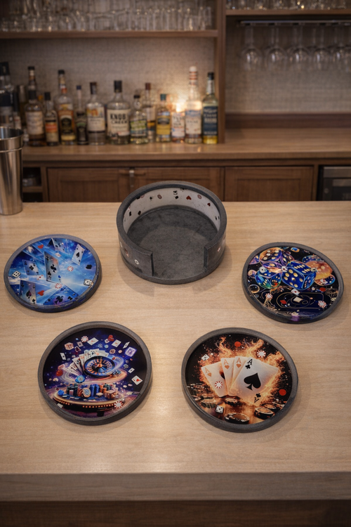 Casino Epoxy Resin Coaster Set – 4 Coasters with Holder