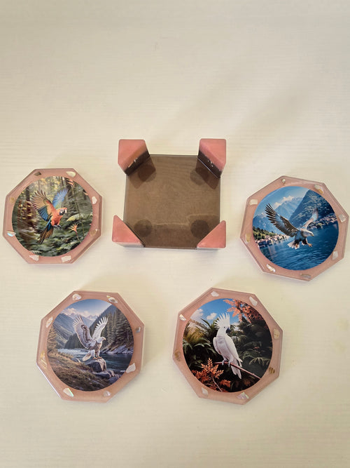 Bird & Nature Epoxy Resin Coaster Set – 4 Coasters with Holder