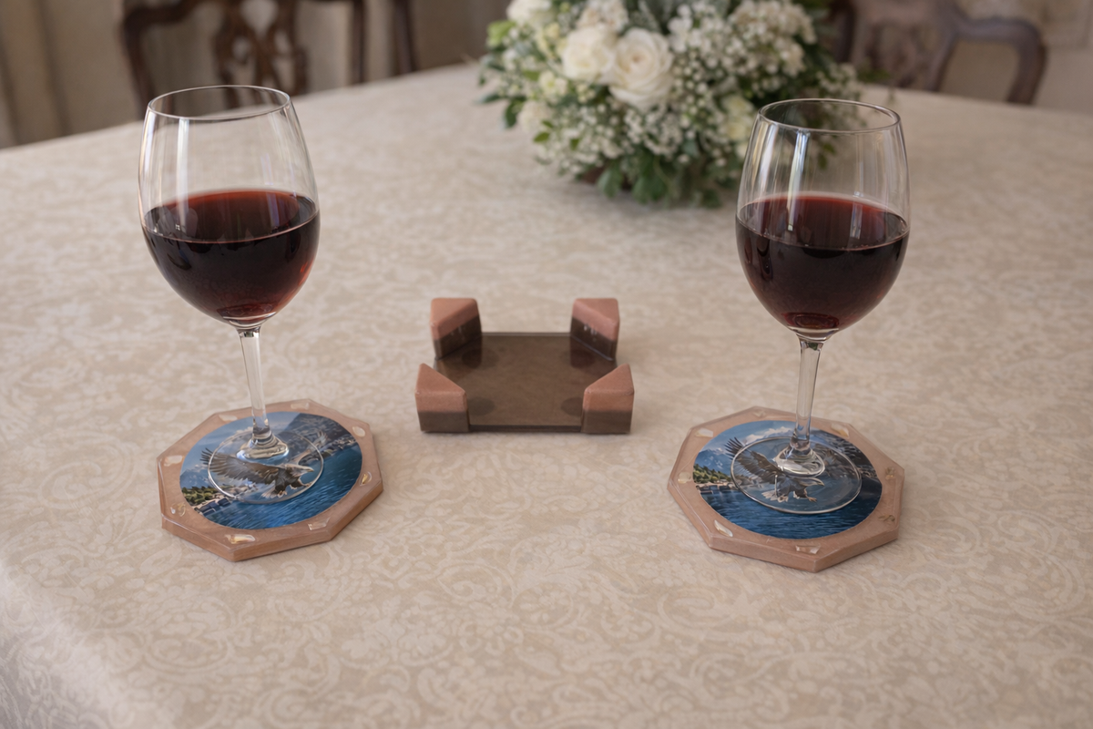 Bird & Nature Epoxy Resin Coaster Set – 4 Coasters with Holder