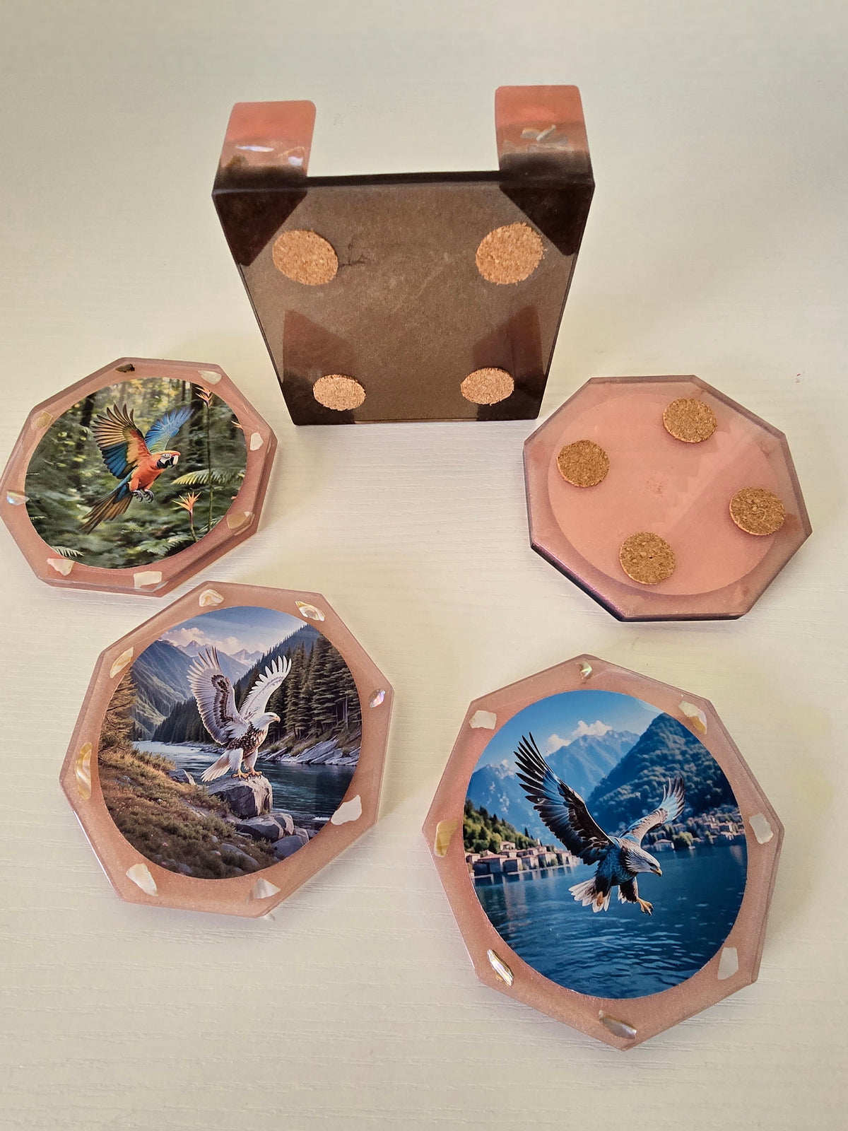 Bird & Nature Epoxy Resin Coaster Set – 4 Coasters with Holder